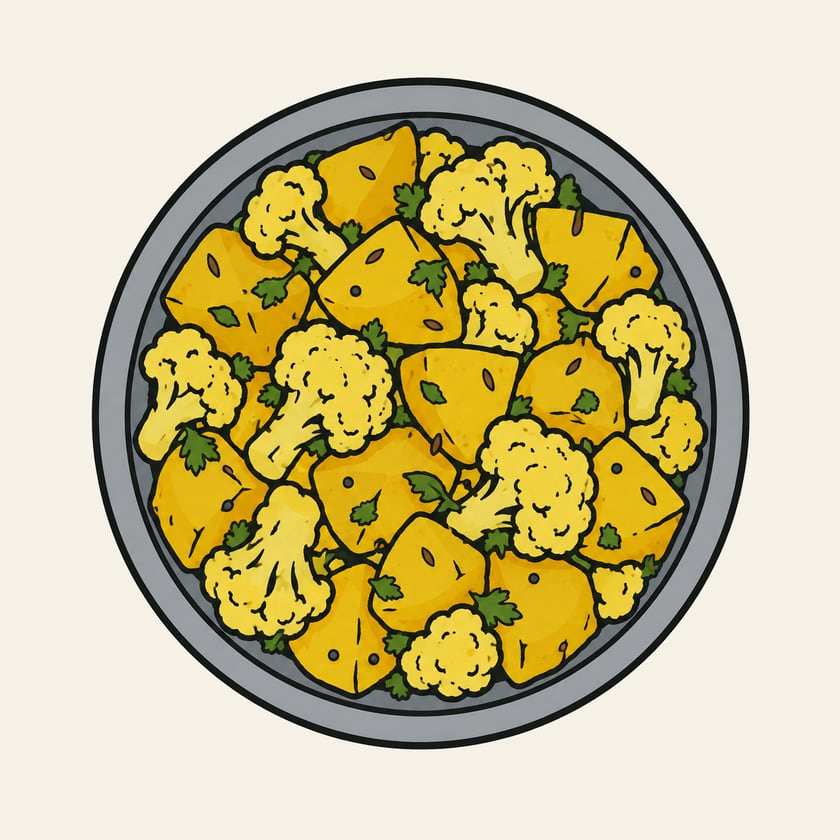 Drawing of Aloo Gobhi in a steel bowl