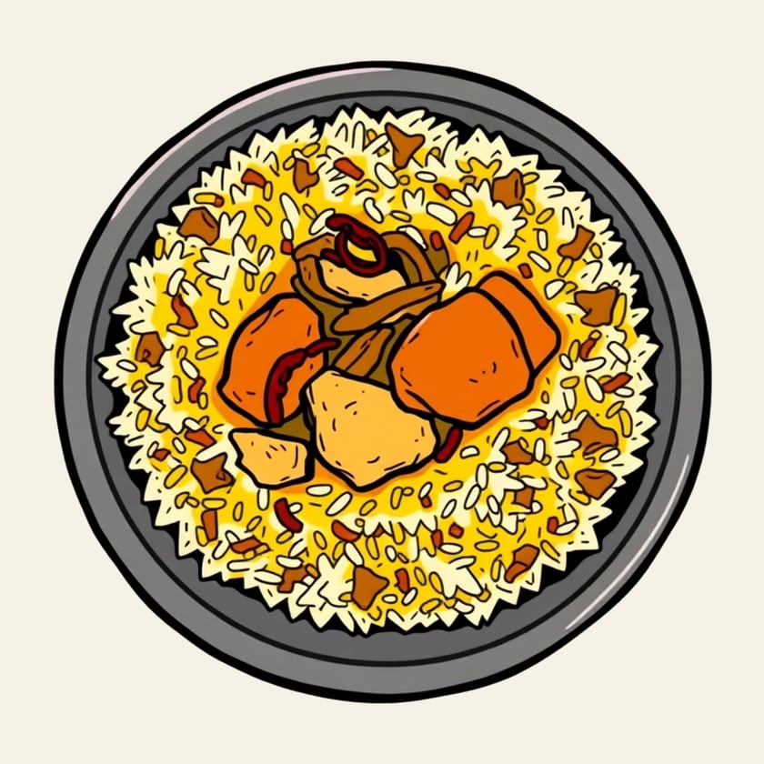 Hand-drawn illustration of Chicken Biryani in a steel bowl