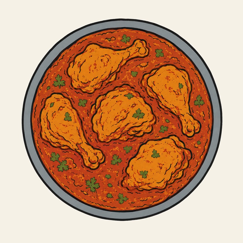 Hand-drawn illustration of Murgh Masala in a steel bowl