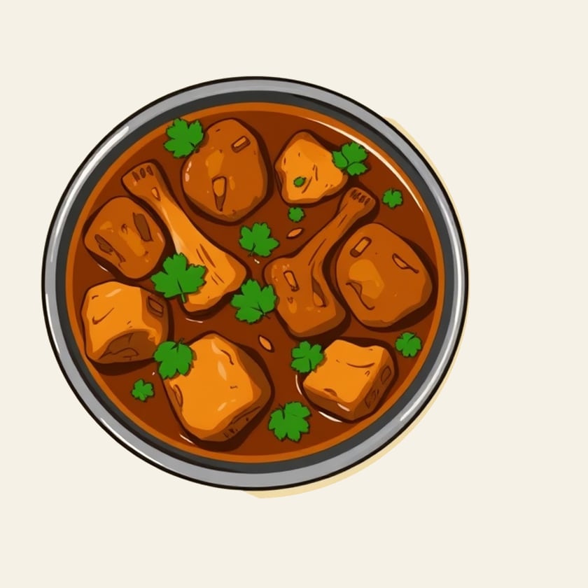 Hand-drawn illustration of Mutton Curry in a steel bowl