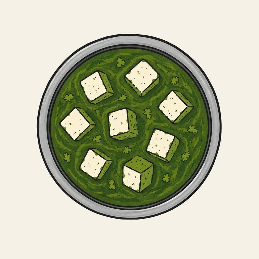 Drawing of Palak Paneer in a steel bowl