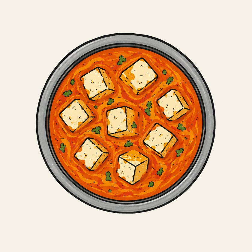 Hand-drawn illustration of Paneer Butter Masala in a steel bowl