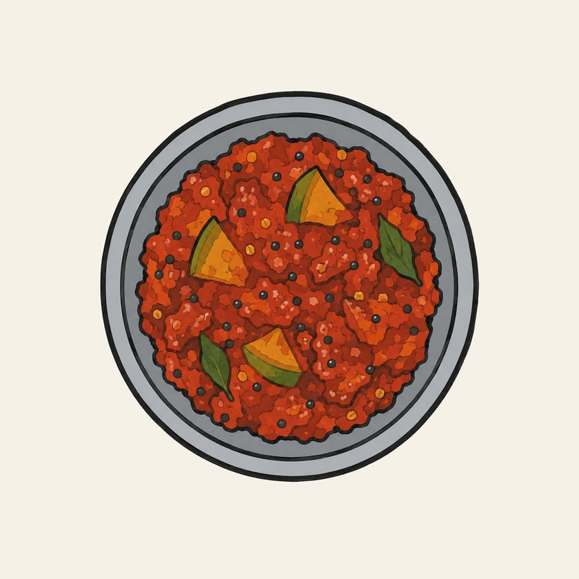 Illustration of red mango pickle with pieces of mango and whole spices in a steel bowl