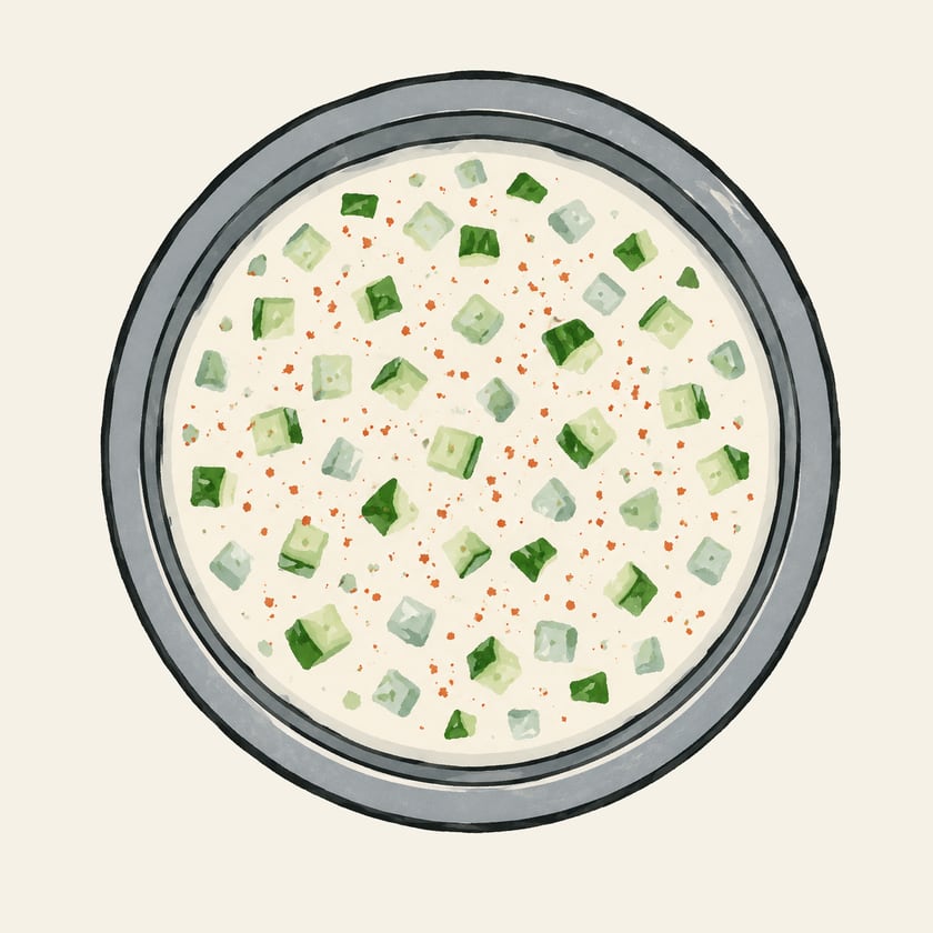 Illustration of curd with diced cucumber and a scatter of chilli in a steel bowl