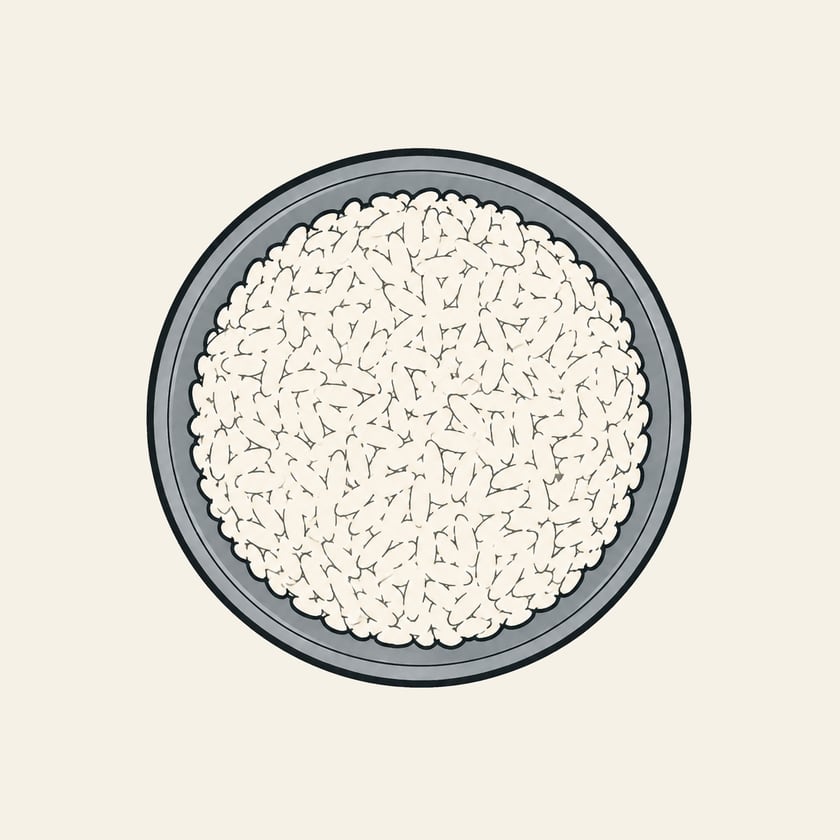 Illustration of steamed rice filling a steel bowl, seen from above