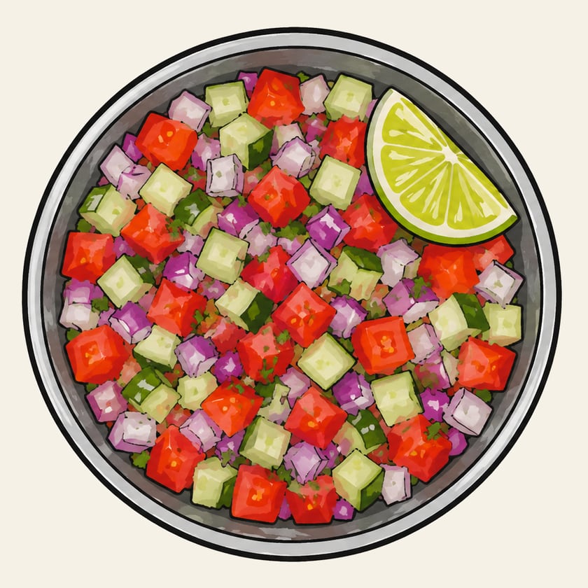 Illustration of diced tomato, cucumber and red onion in a steel bowl with a wedge of lime