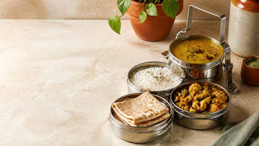 Concept photograph of a stainless-steel tiffin opened to show roti, dal, rice and vegetable curry